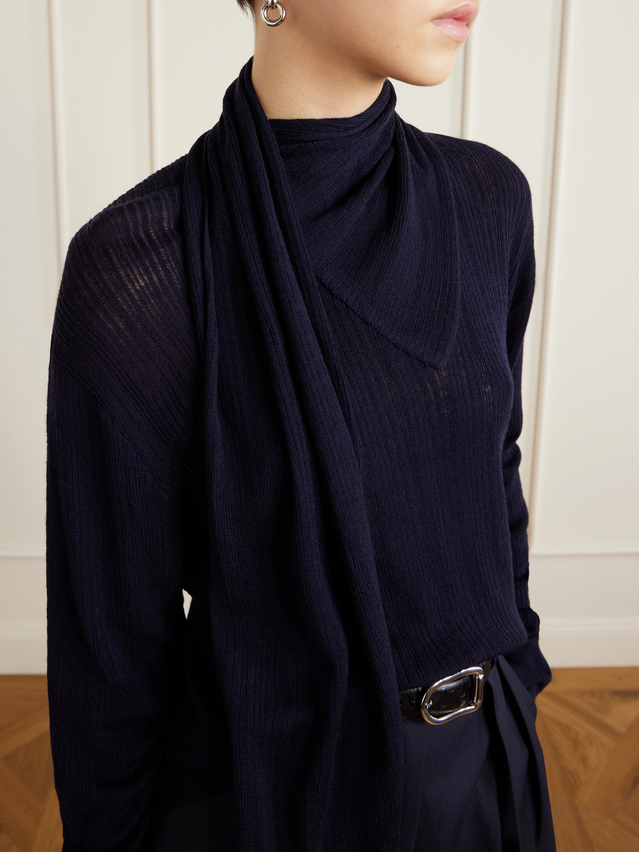 Scarf-Detailed Ribbed Merino Sweater