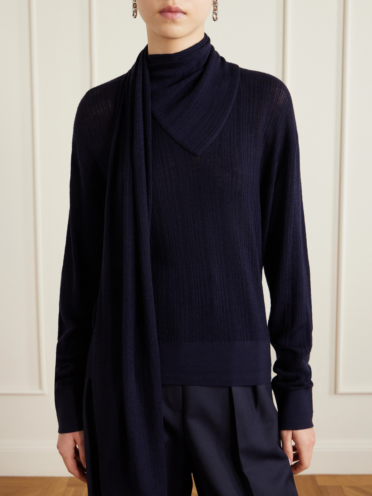 Scarf-Detailed Ribbed Merino Sweater