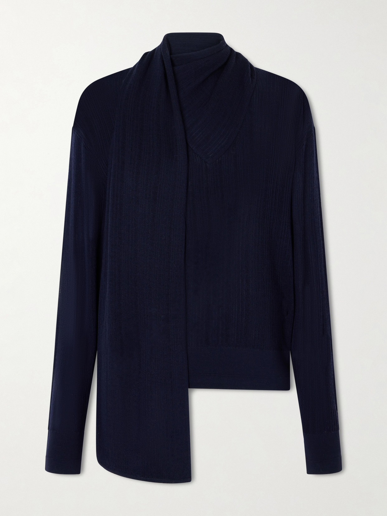 Maria Mcmanus Scarf-detailed Ribbed Merino Wool Sweater In Blue