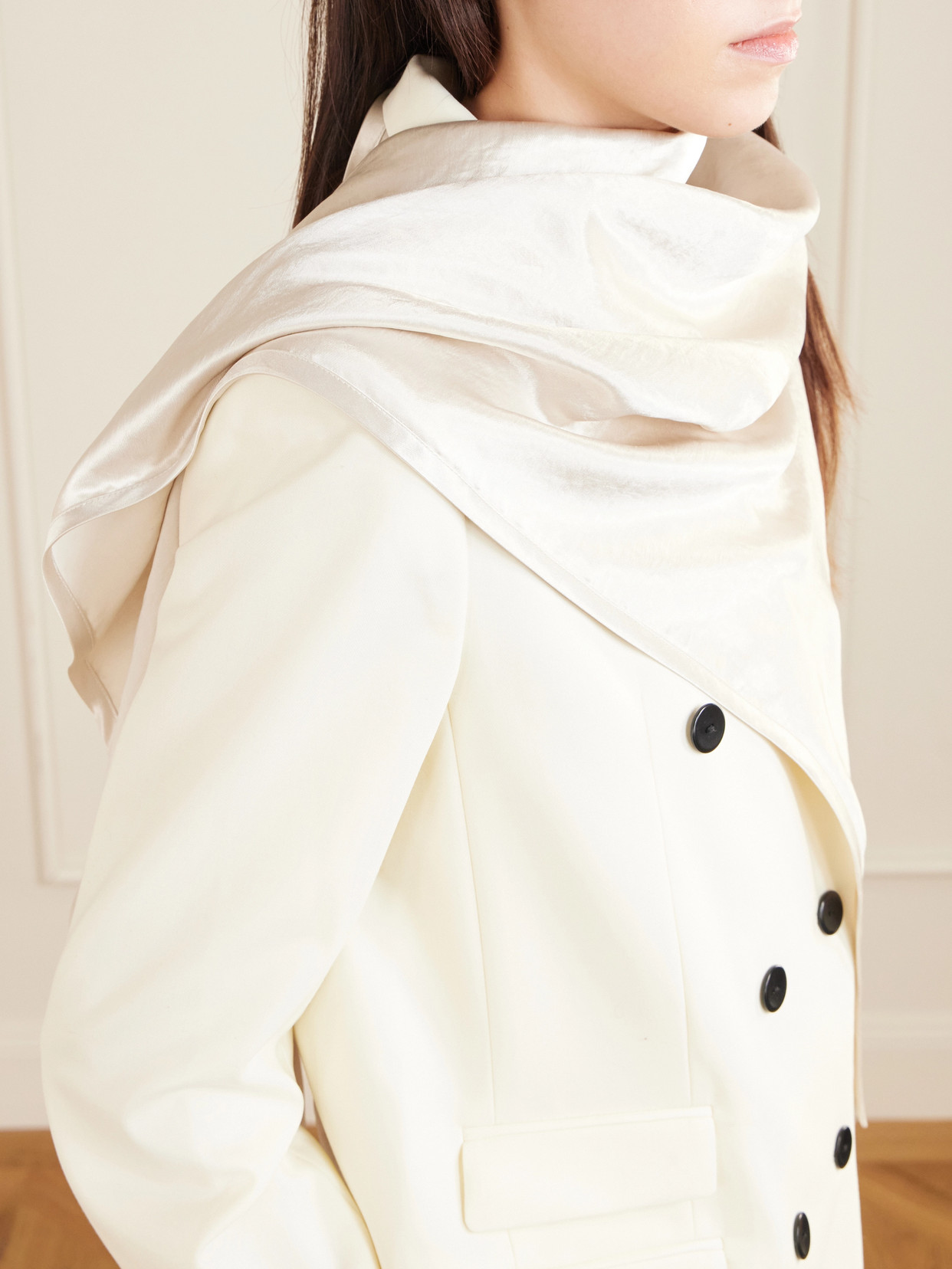 Scarf-Detailed Double-Breasted Wool-Blend Blazer
