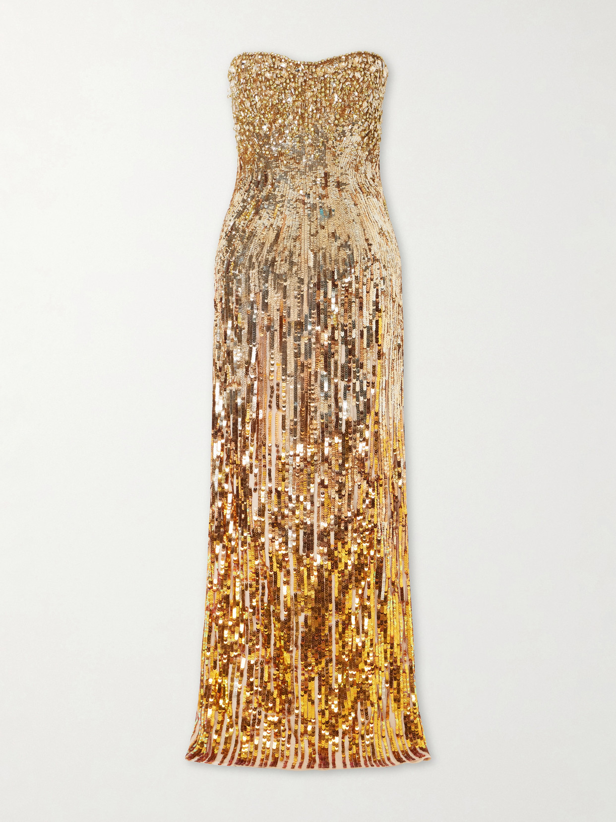 Jenny Packham Cesonia Strapless Sequined Chiffon Gown In Gold
