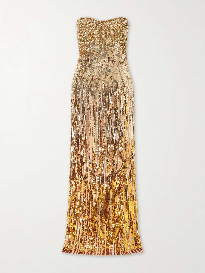 Jenny Packham Cesonia Strapless Sequined Chiffon Gown