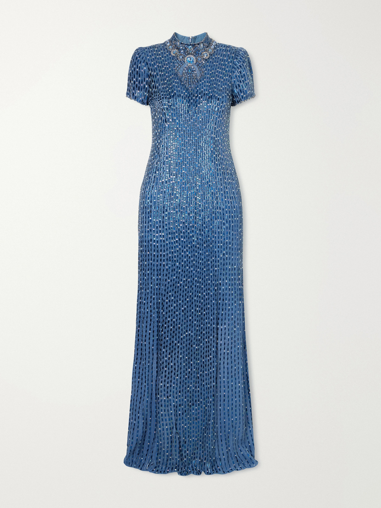 Jenny Packham Amber Cape-effect Embellished Crepe Gown In Blue