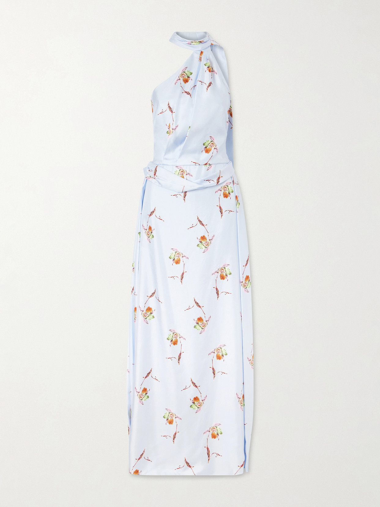 Emilia Wickstead Tie-detailed Pleated Floral-print Halterneck Silk-twill Gown In Blue