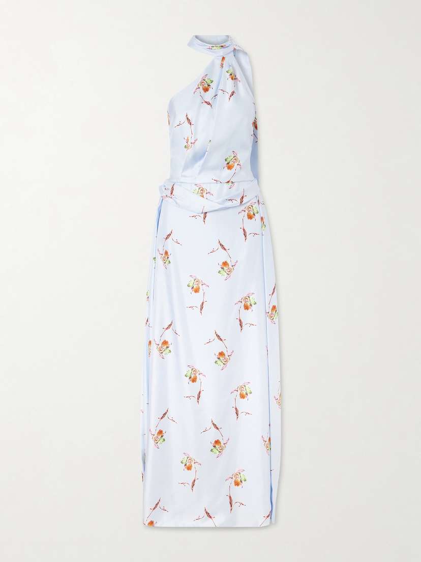 Emilia Wickstead Tie-detailed Pleated Floral-print Halterneck Silk-twill Gown