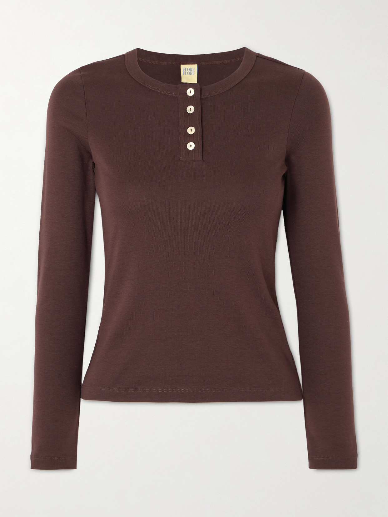 Flore Flore Jess Ribbed Organic Cotton-jersey Henley Top In Brown