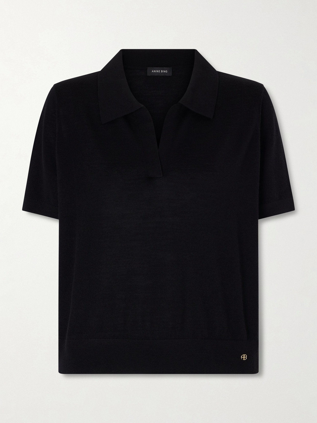 Anine Bing Merino Wool And Cashmere-blend Polo Shirt In Black