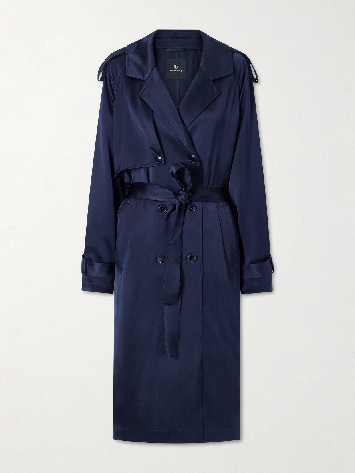 Anine Bing Rickie Double-breasted Belted Satin Trench Coat In Blue