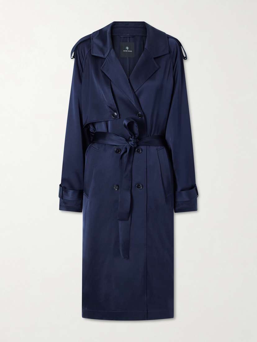 Anine Bing Rickie Double-breasted Belted Satin Trench Coat