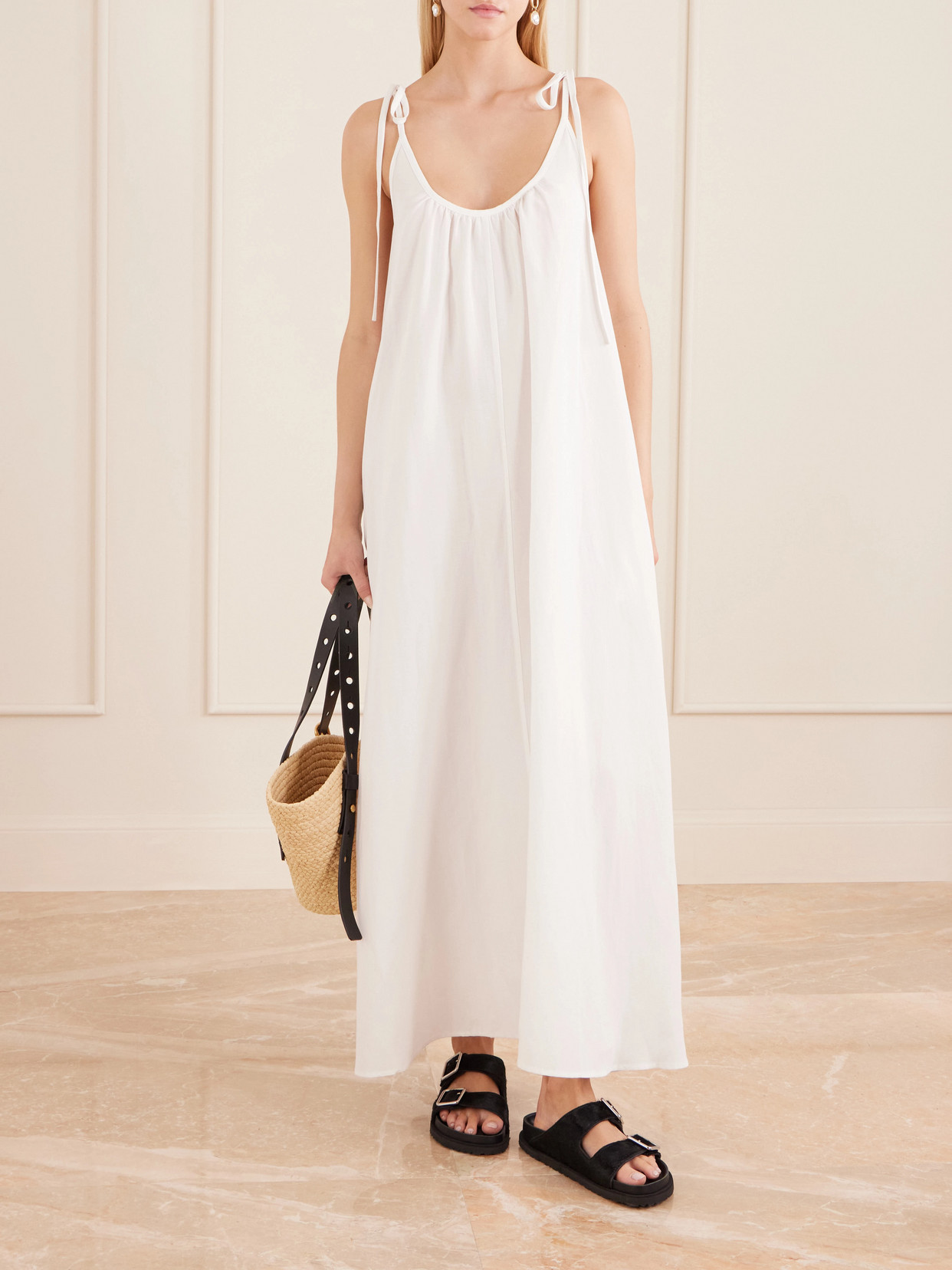 Anine Bing Flora Gathered Lyocell And Linen-blend Maxi Dress In White