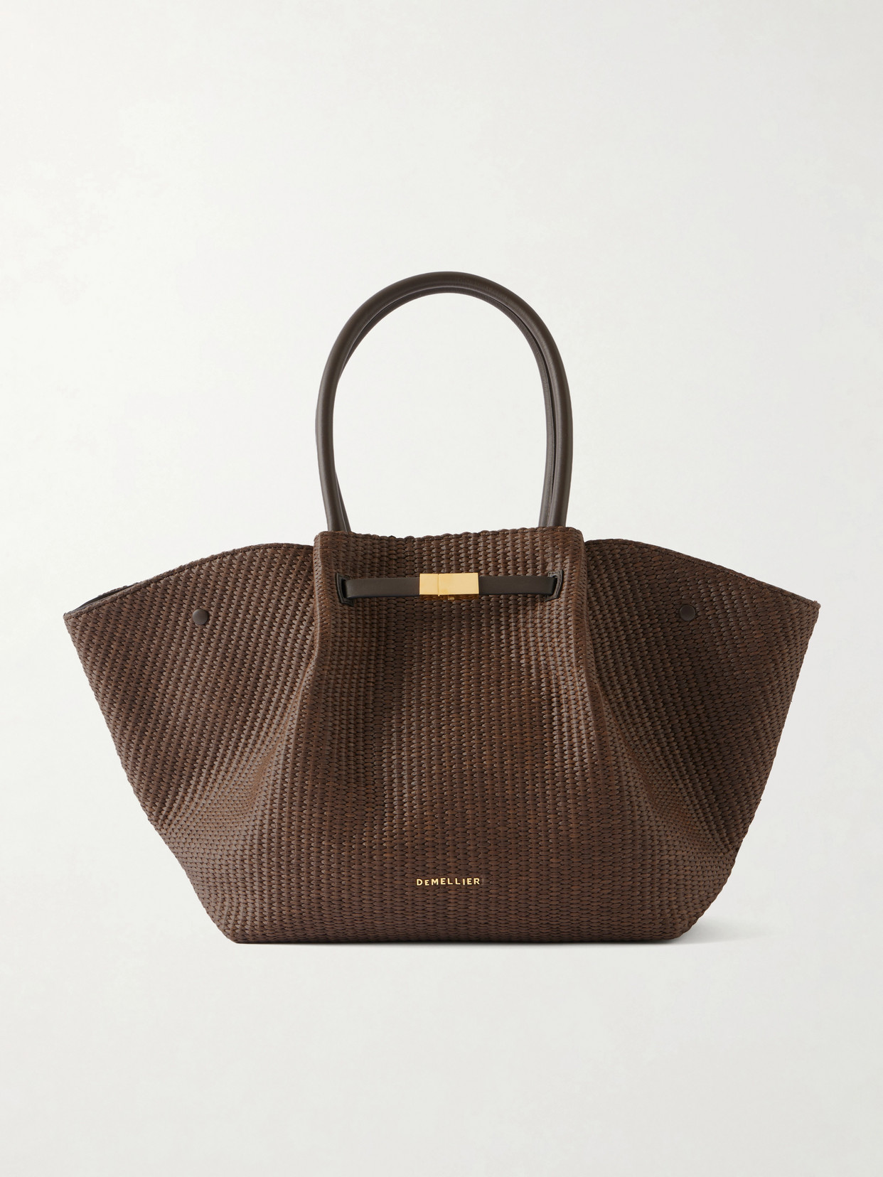Demellier The New York Large Leather-trimmed Raffia Tote In Brown