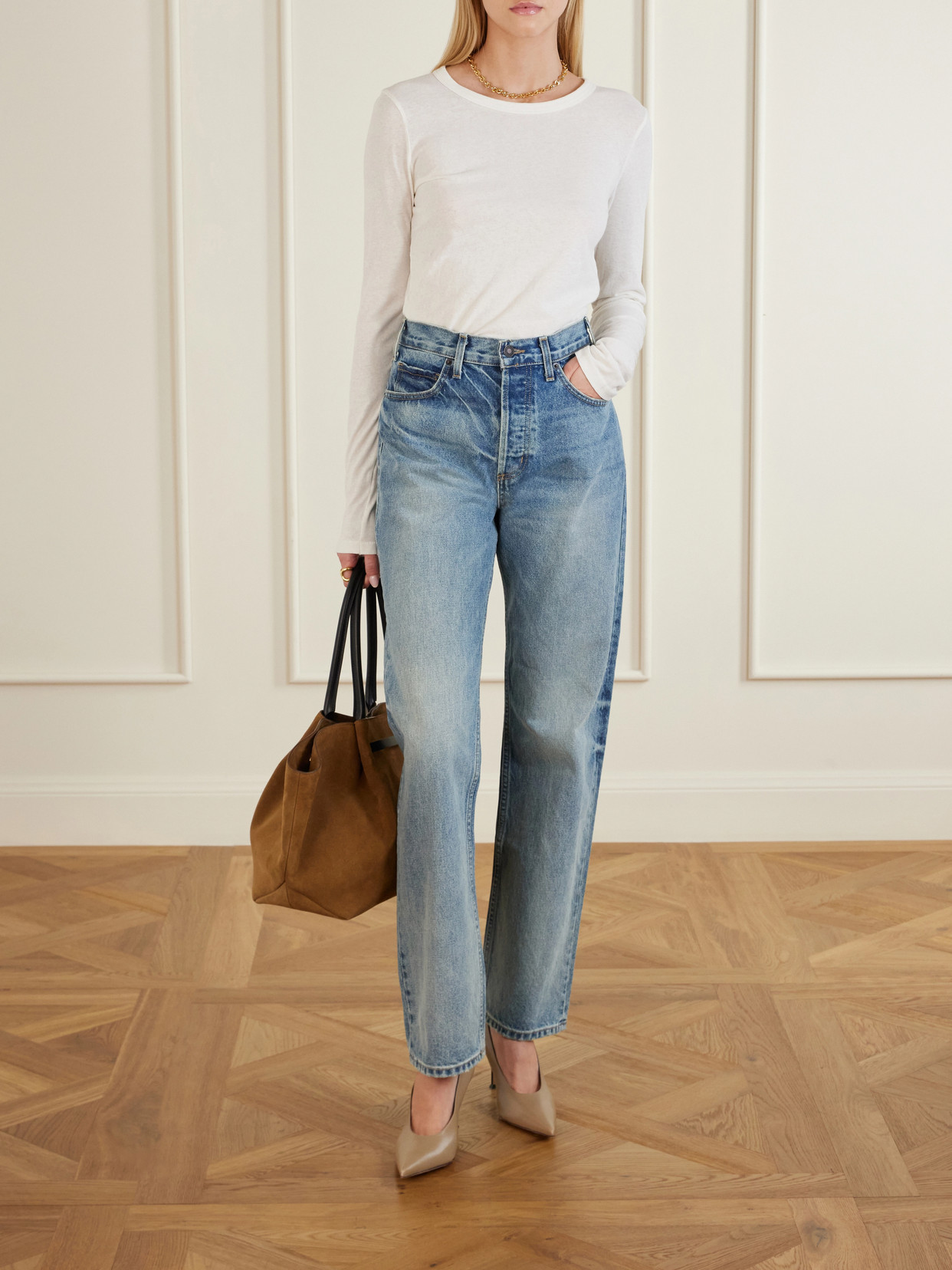 The New York Large Leather-Trimmed Suede Tote
