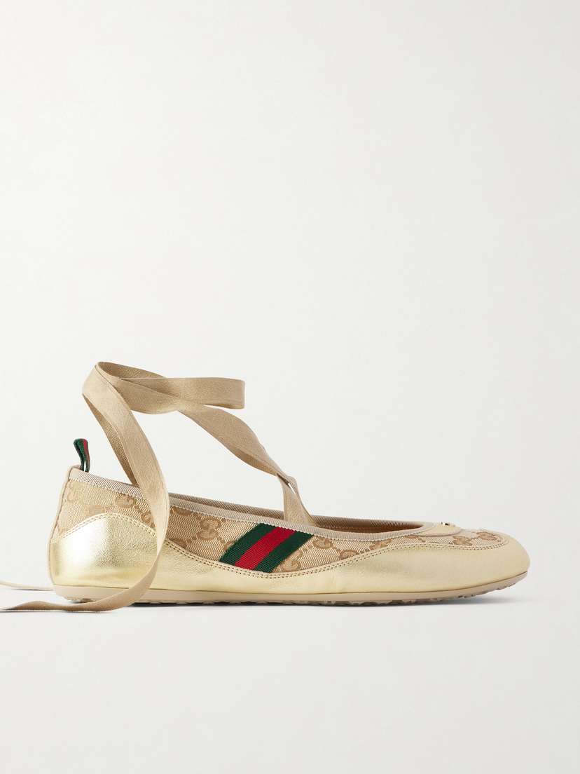 Gucci Shift Webbing-trimmed Canvas-jacquard And Metallic Leather Ballet Flats