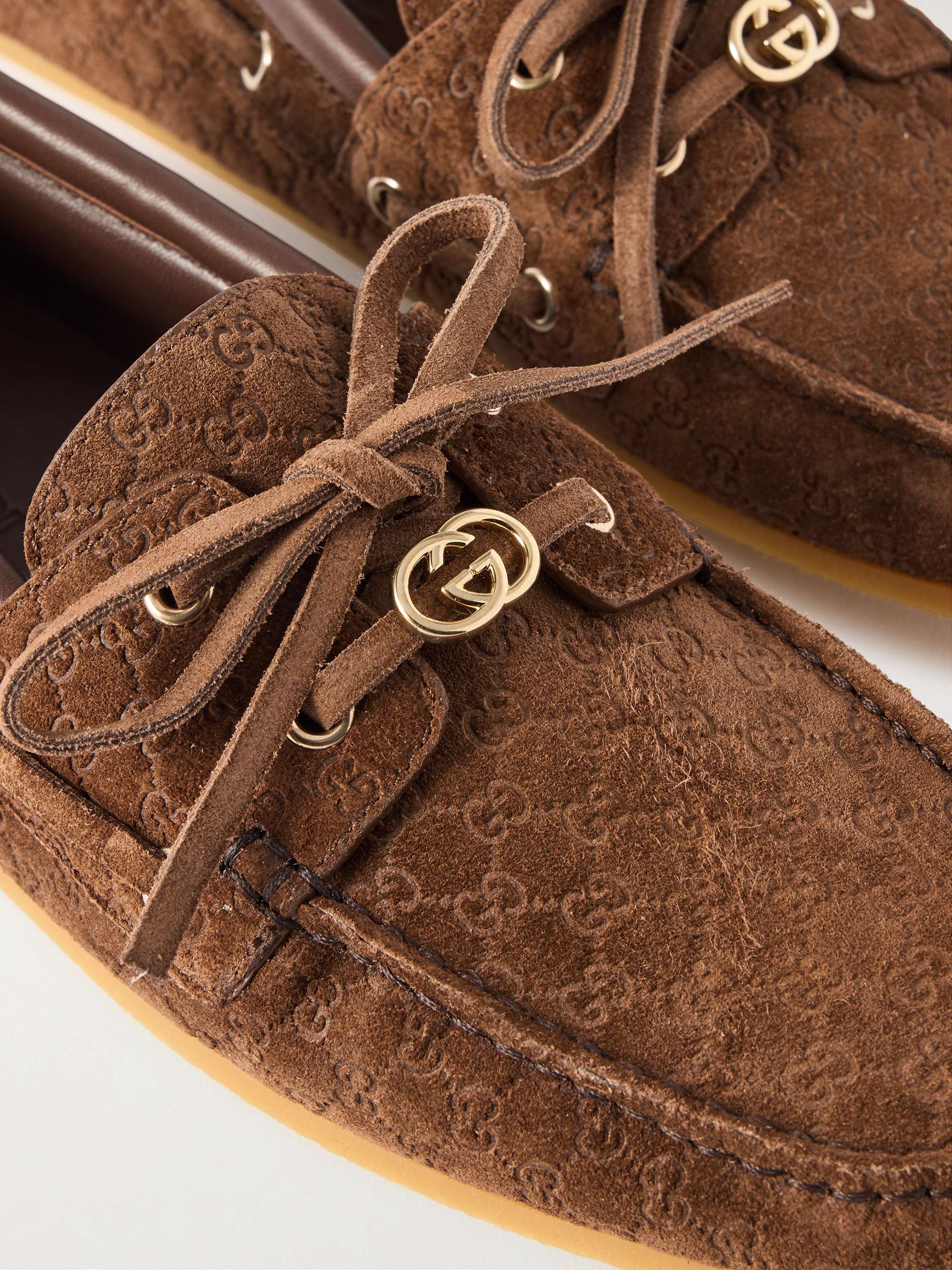 GUCCI Embellished logo-embossed suede boat shoes | NET-A-PORTER