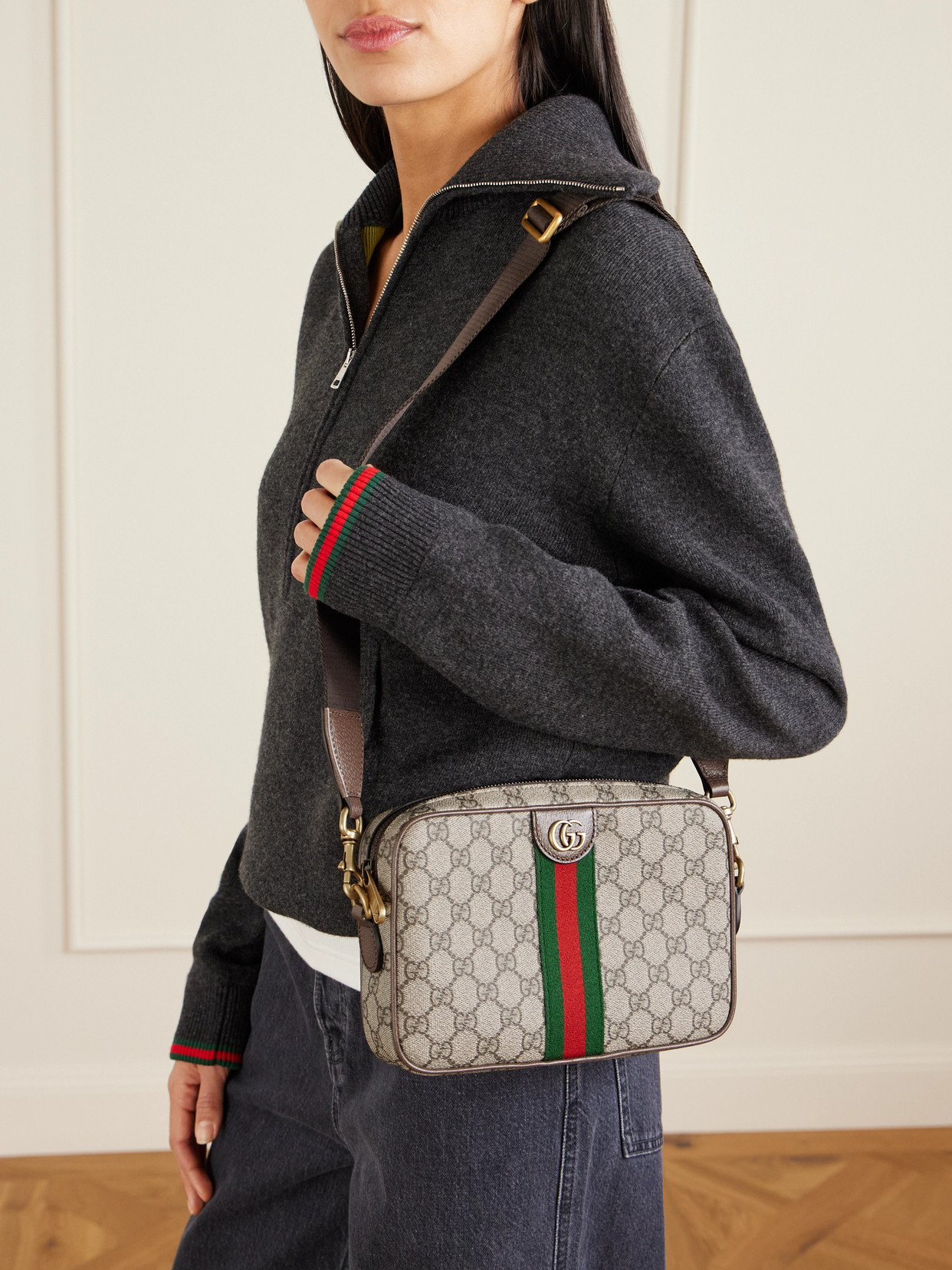 Ophidia Leather-Trimmed Coated Canvas-Jacquard Shoulder Bag