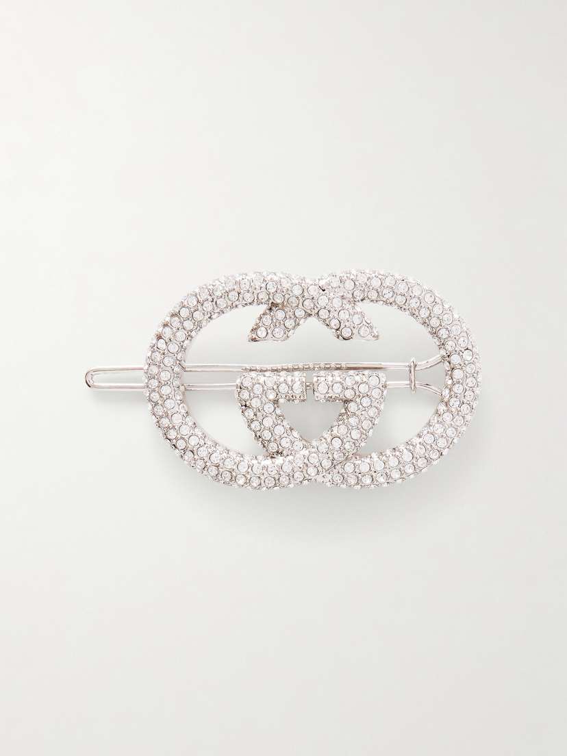 Gucci Interlocking Gg Crystal-embellished Silver-tone Hair Clip