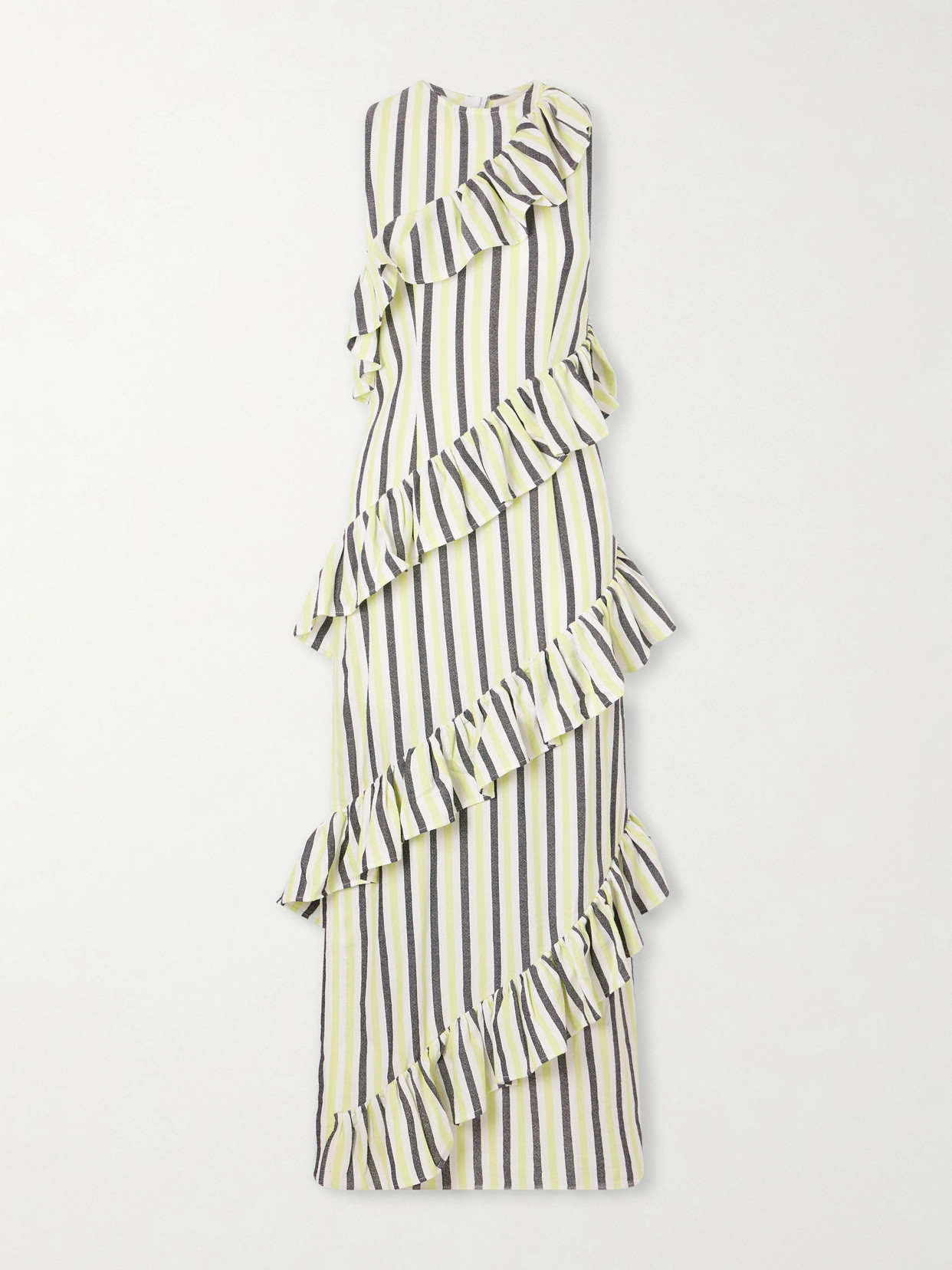 Marrakshi Life - Spiral Ruffled Striped Cotton Maxi Dress - Yellow
