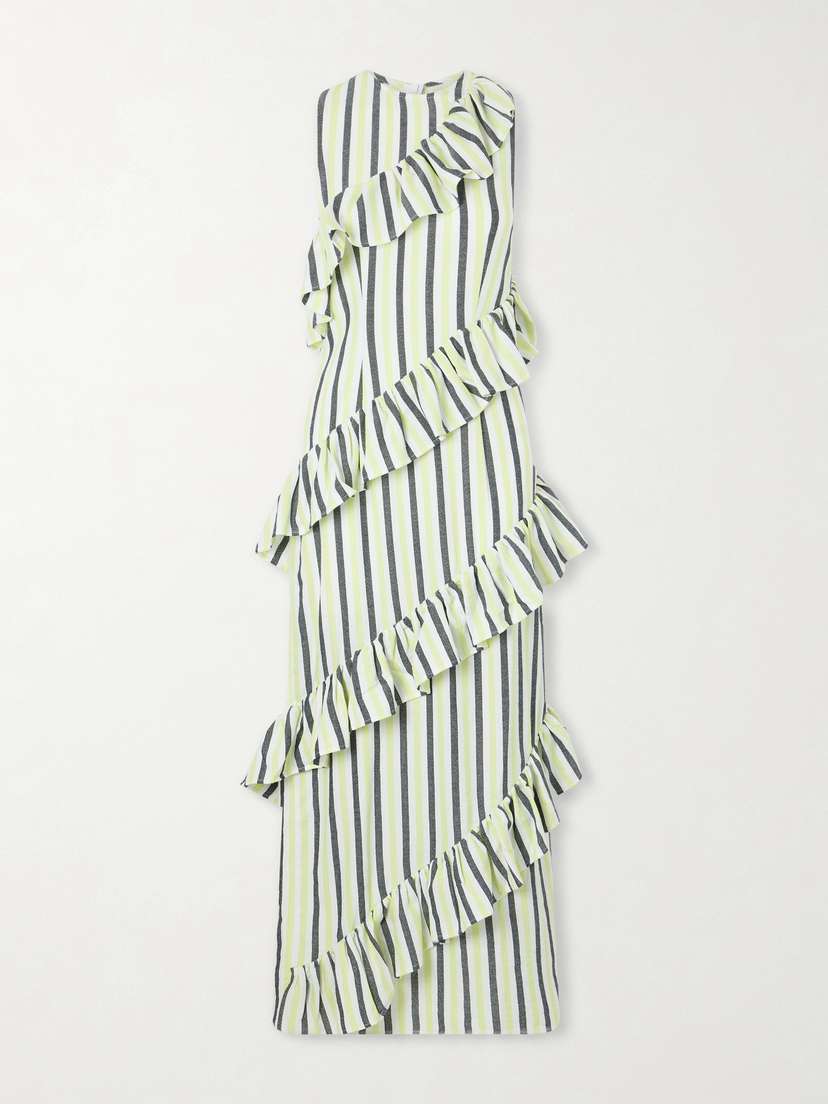Marrakshi Life Spiral Ruffled Striped Cotton Maxi Dress