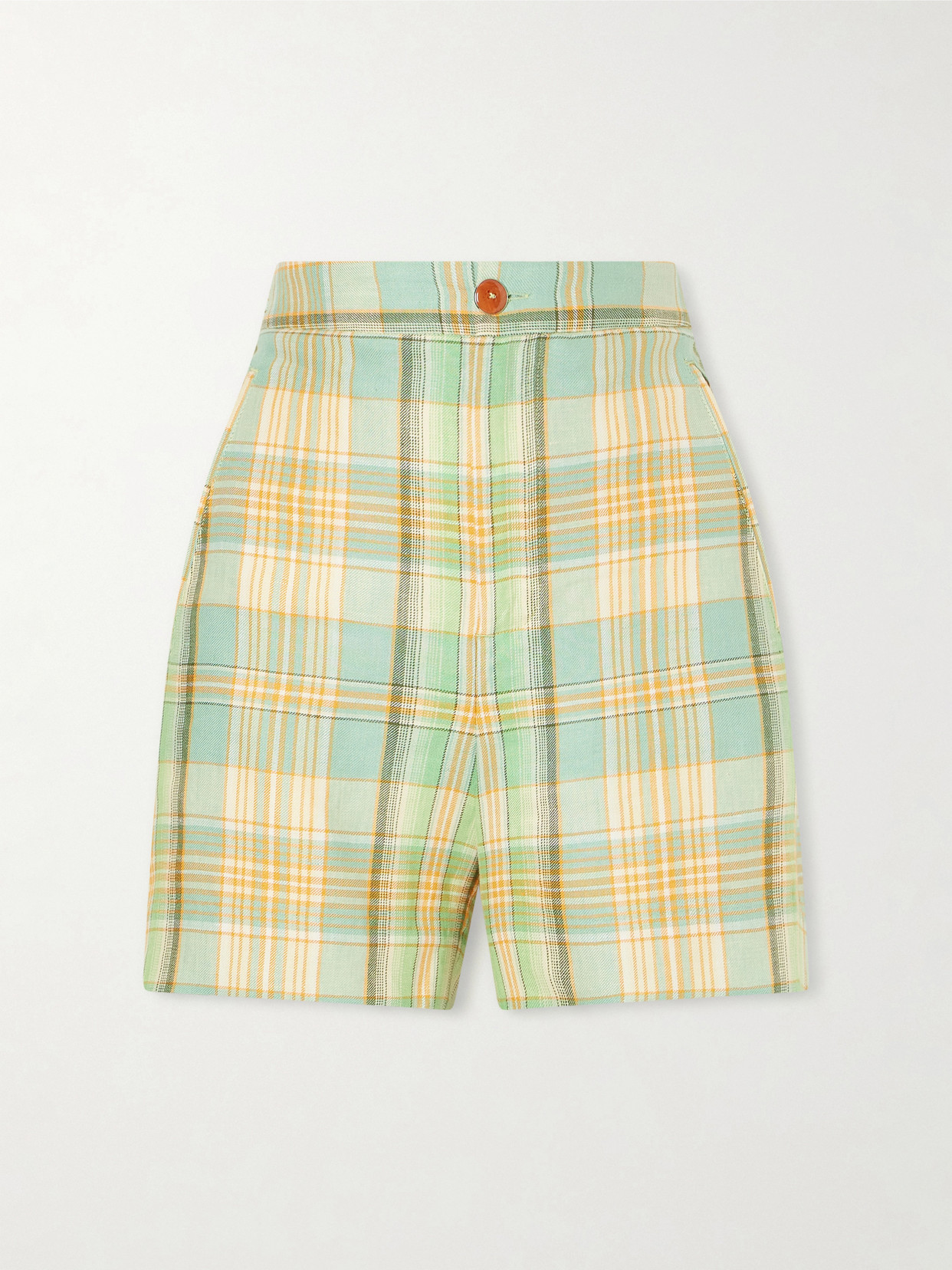 God's True Cashmere Lime Moss Checked Linen Shorts In Multi
