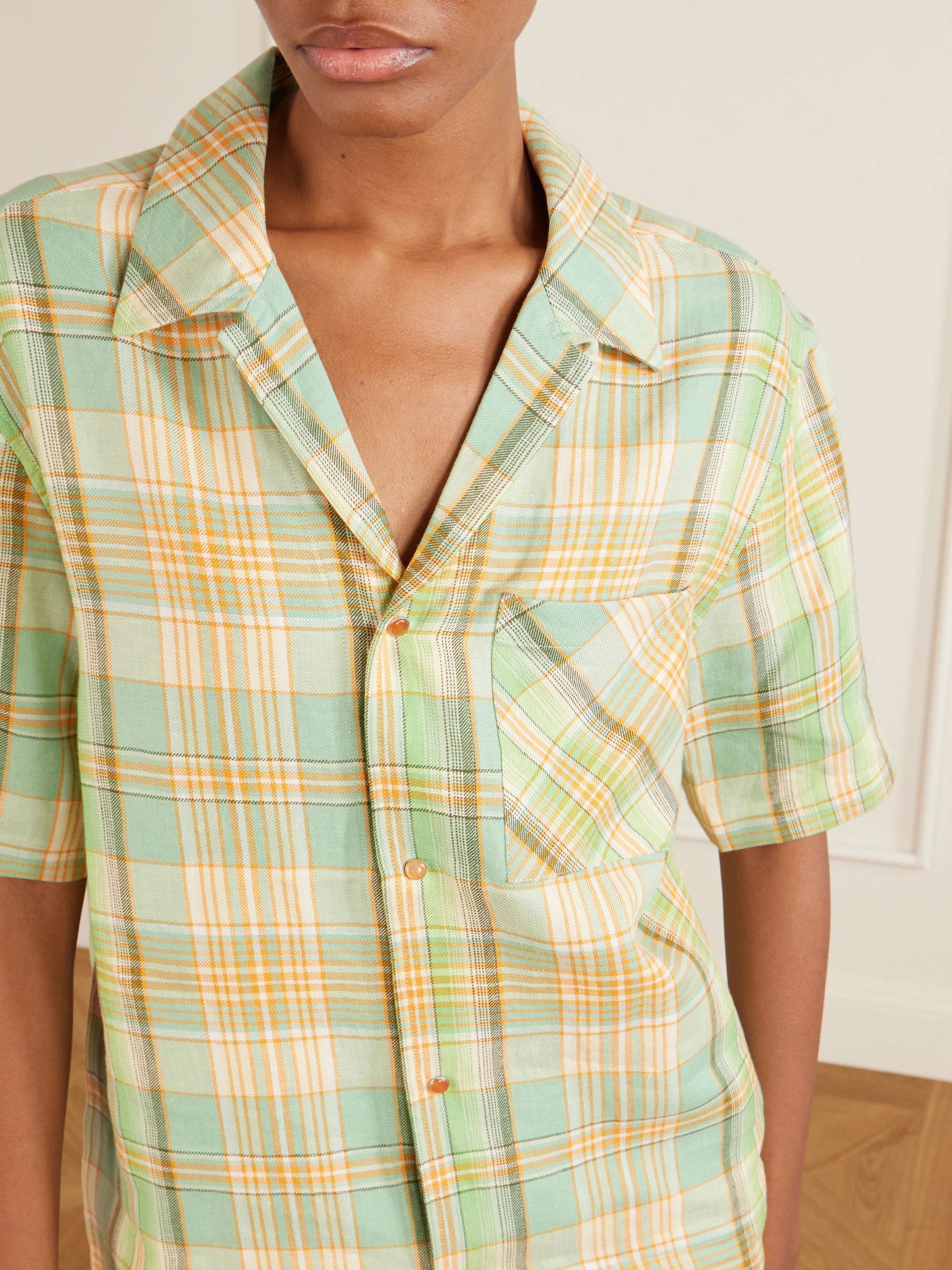 GOD'S TRUE CASHMERE Lime Moss checked linen shirt | NET-A-PORTER
