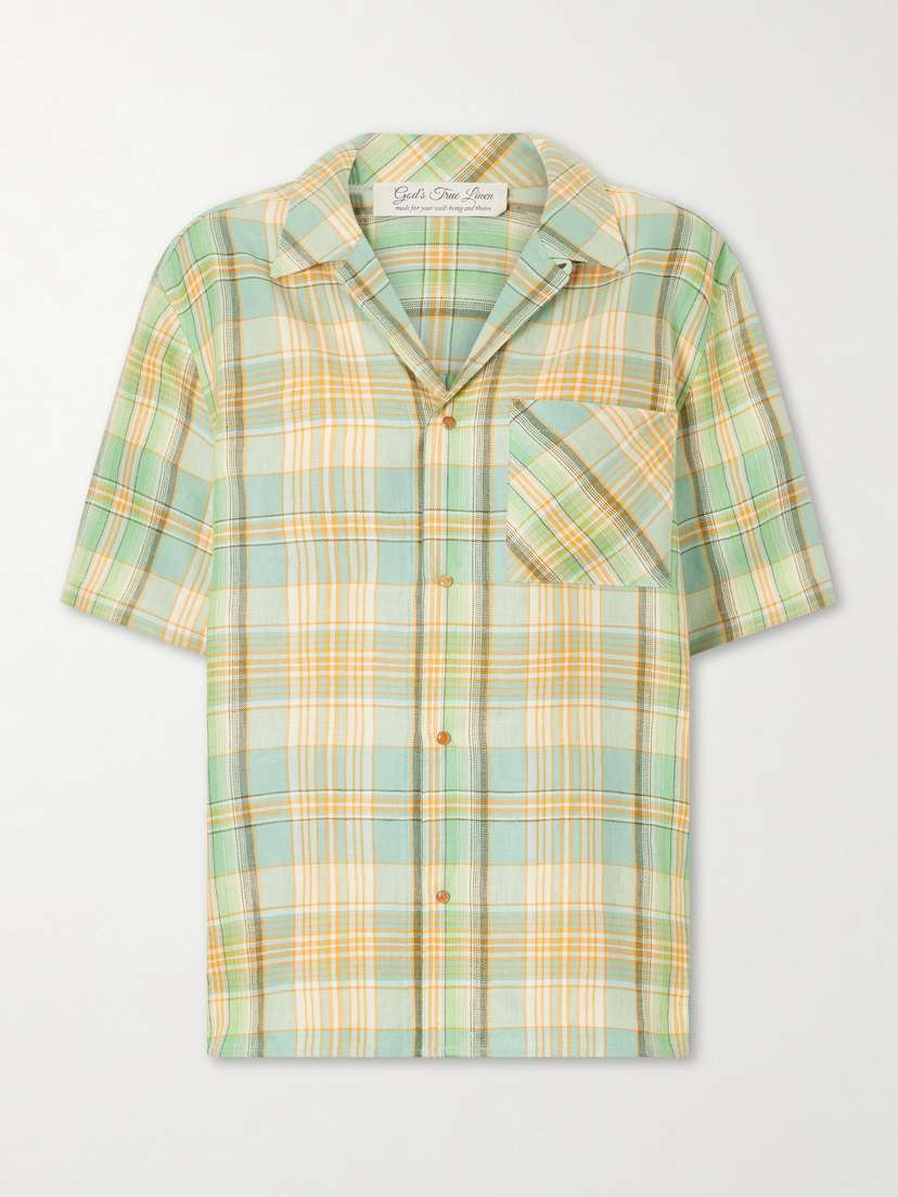 God’s True Cashmere Lime Moss Checked Linen Shirt