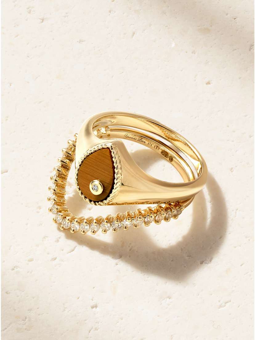 Yvonne Léon Baby Chevaliere Poire 9-karat Gold, Tiger's Eye And Diamond Ring