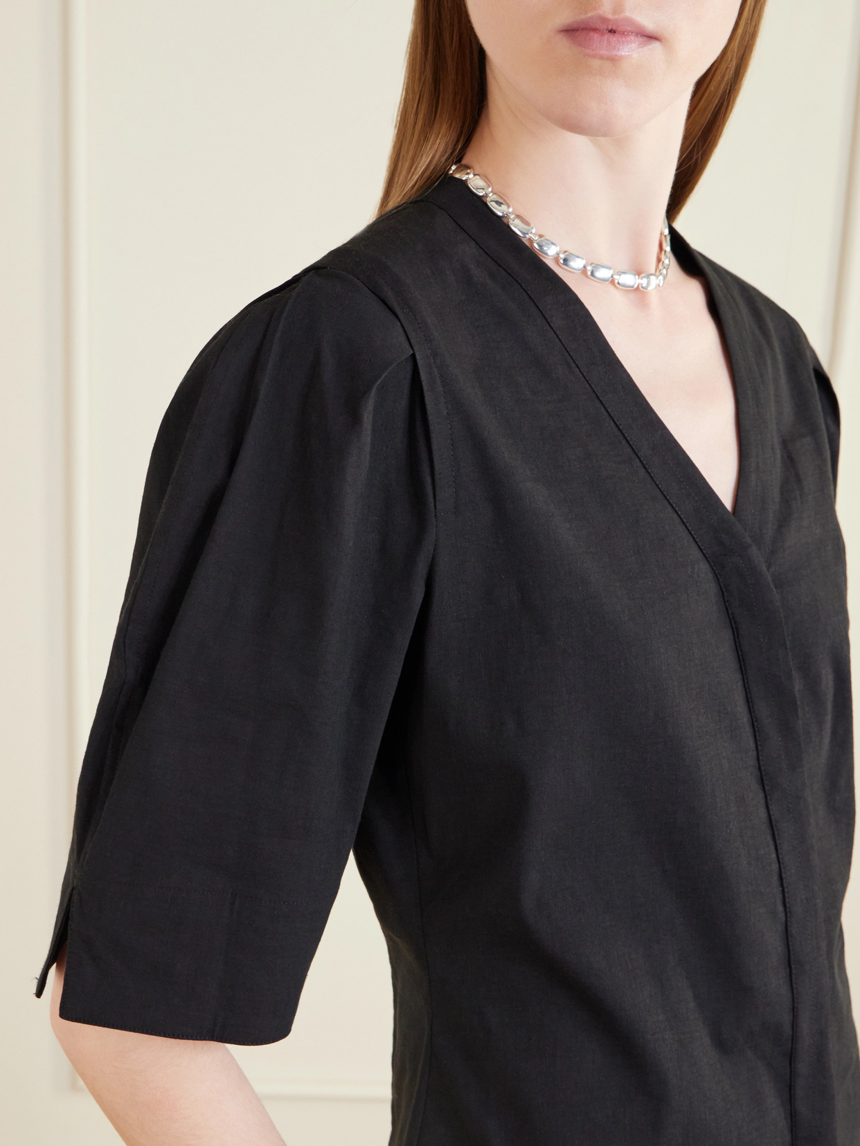 Theory Women's Good Linen Round-sleeve Button-up Top In Black