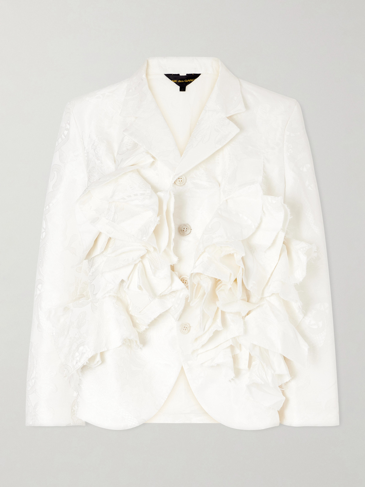 Comme Des Garçons Frayed Ruffled Brocade Jacket In Neutral