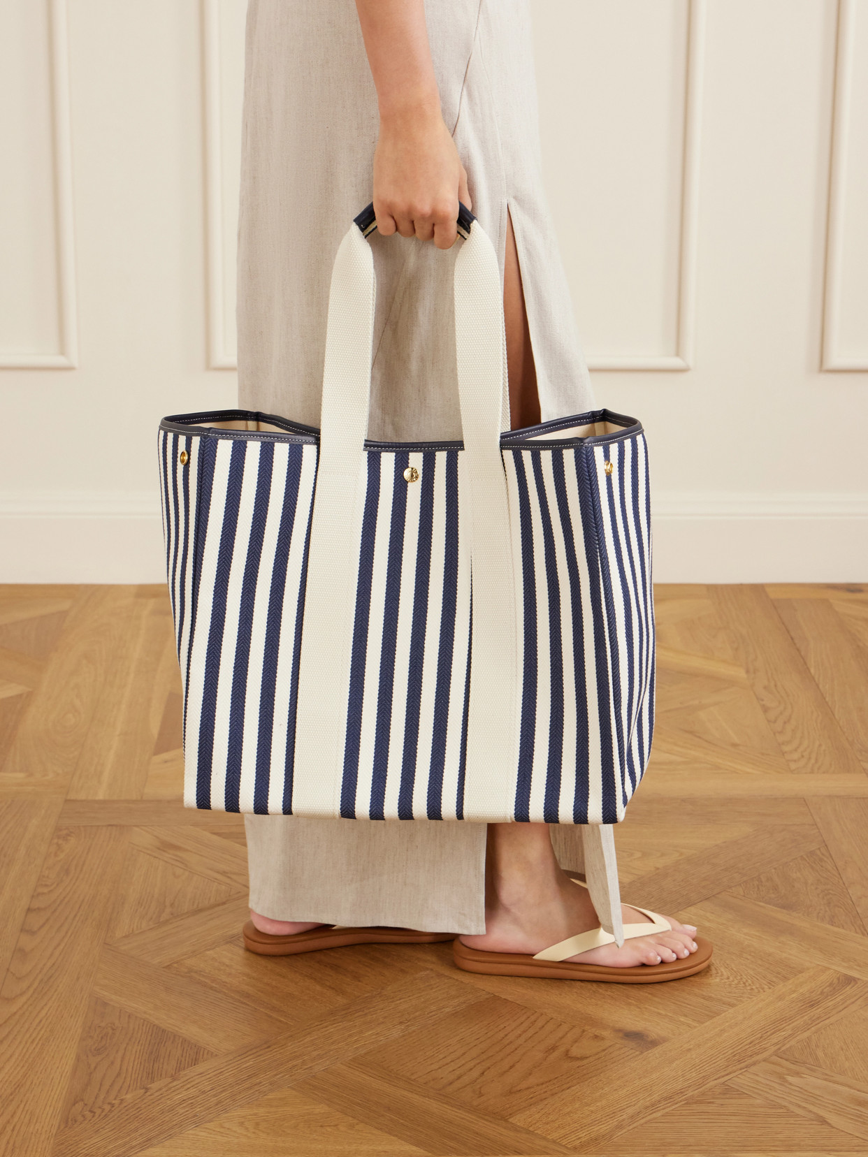 Traversée Large Leather And Webbing-Trimmed Striped Canvas Tote