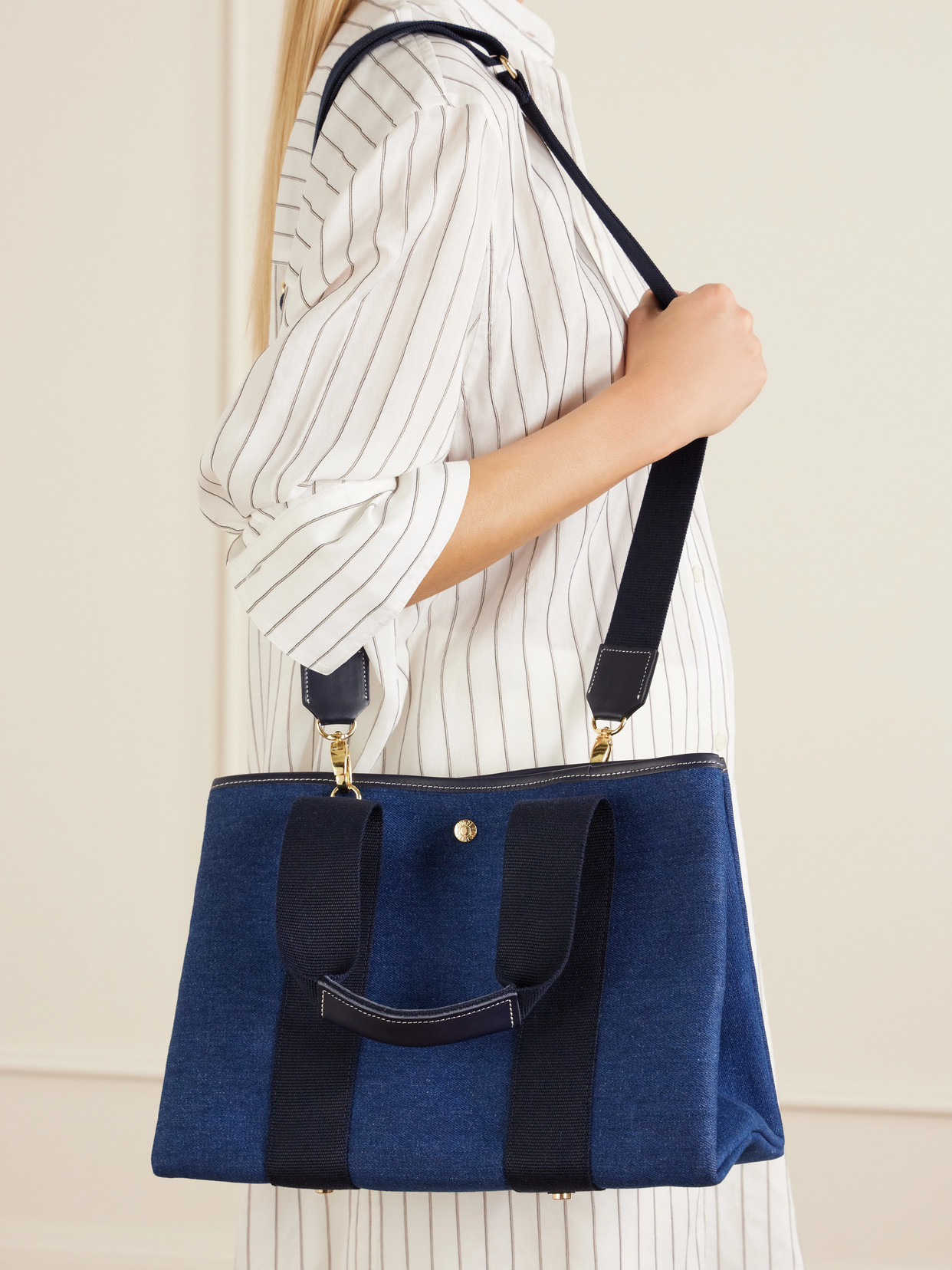 Traversée Medium Leather And Webbing-Trimmed Denim Tote