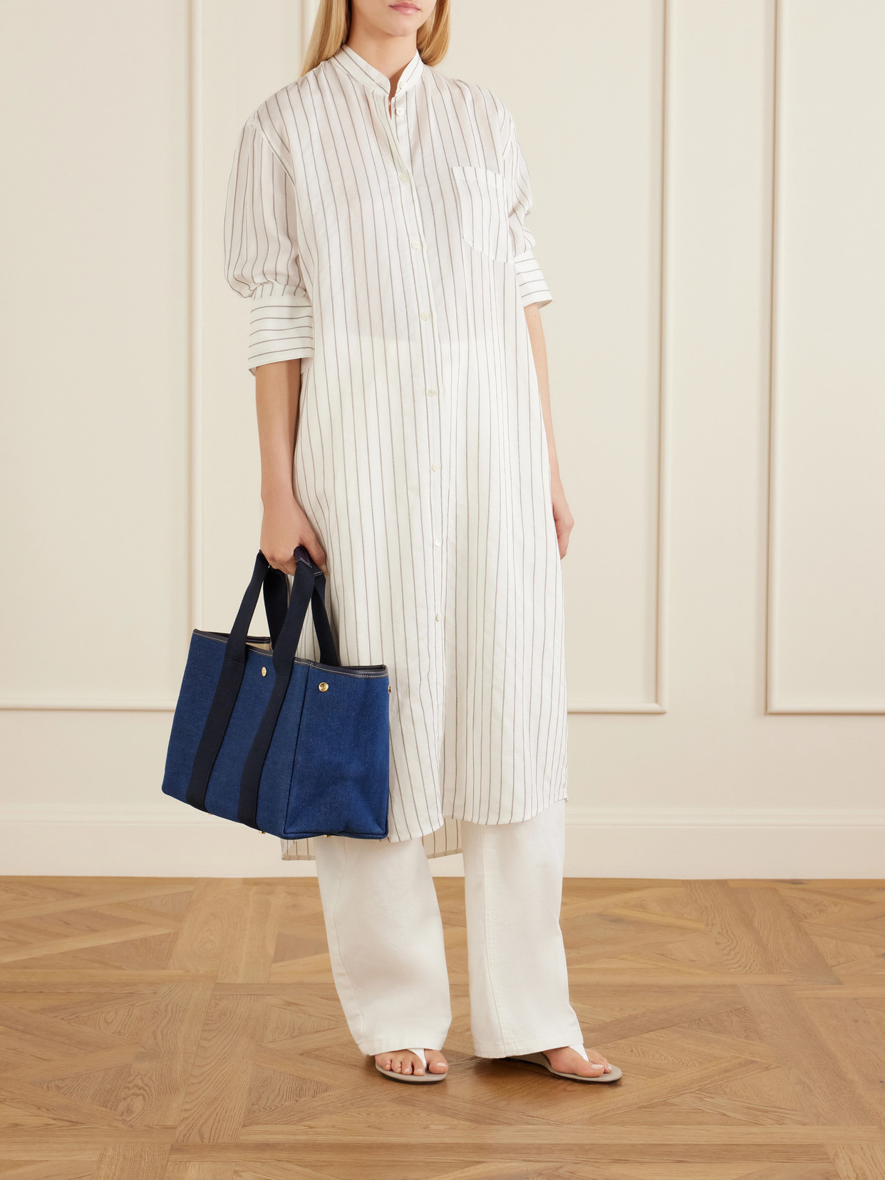 Traversée Medium Leather And Webbing-Trimmed Denim Tote