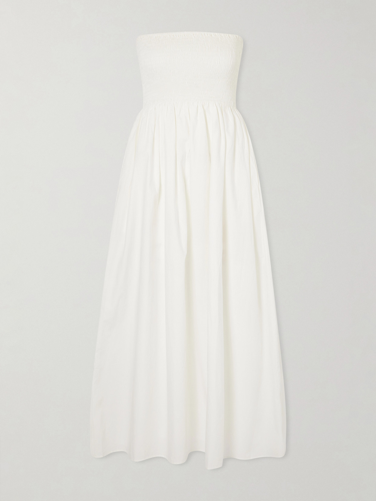 Faithfull Jamie Strapless Shirred Cotton-poplin Midi Dress In White