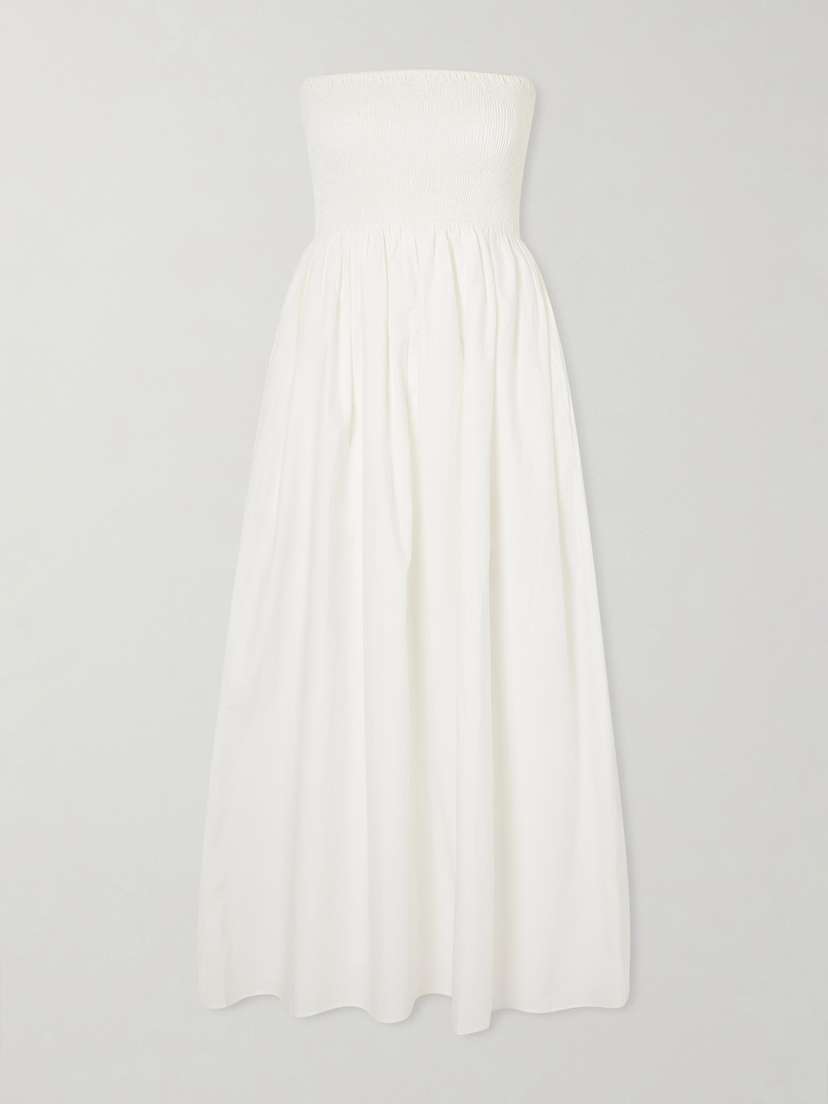 Faithfull Jamie Strapless Shirred Cotton-poplin Midi Dress