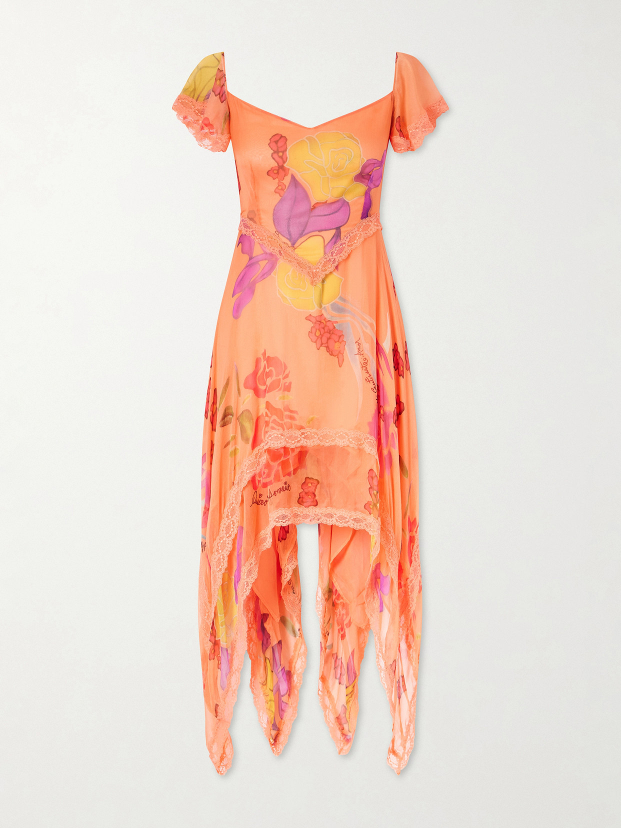 Donde Esteban Guava Flores Ruffled Asymmetric Lace-trimmed Silk-chiffon Midi Dress In Multi
