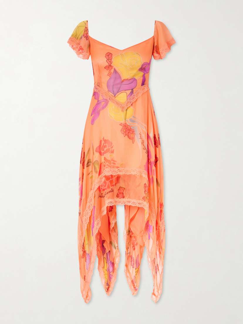 Donde Esteban Guava Flores Ruffled Asymmetric Lace-trimmed Silk-chiffon Midi Dress