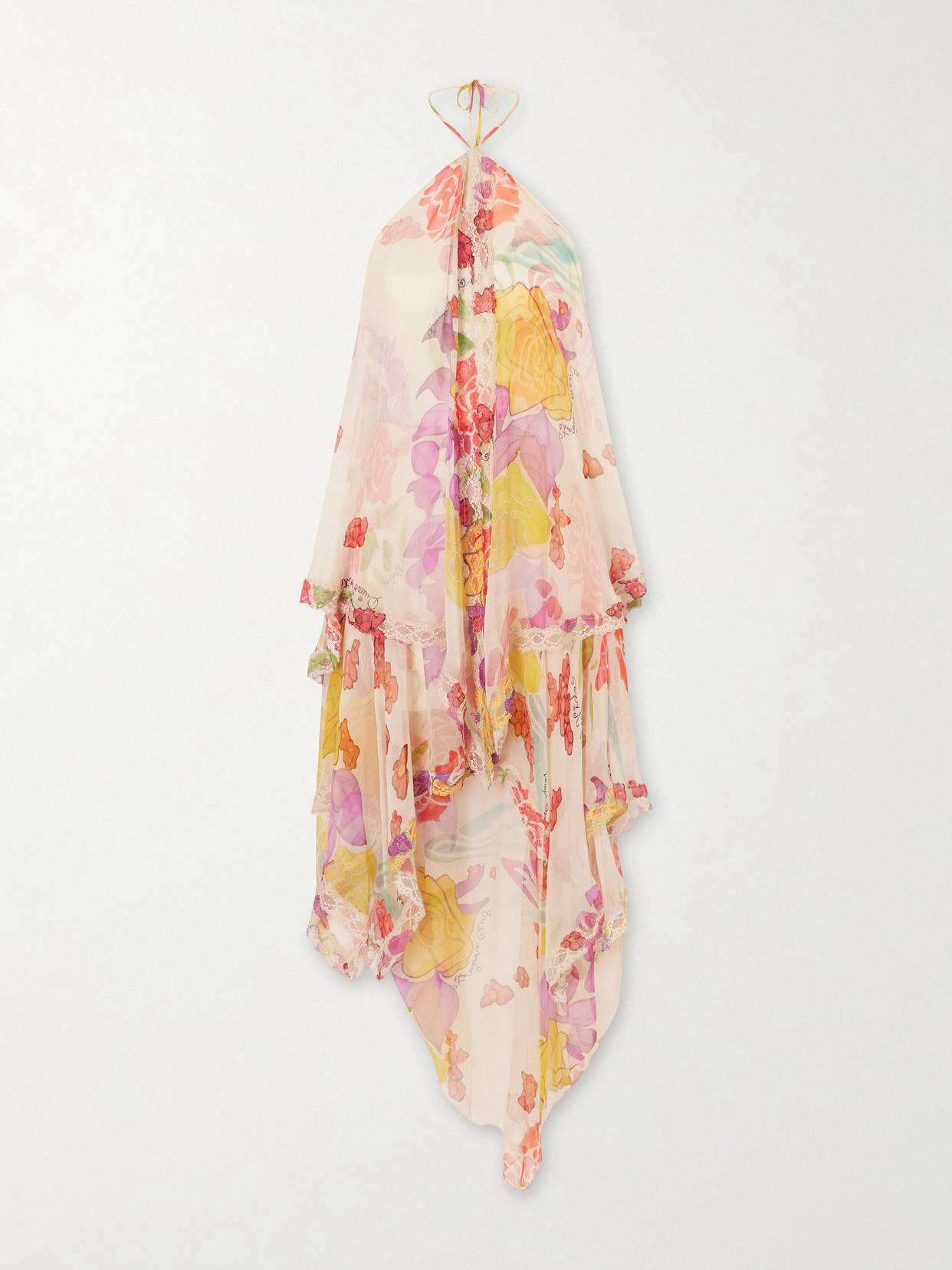 Donde Esteban Flores Ruffled Asymmetric Lace-trimmed Silk-chiffon Halterneck Maxi Dress In Multi