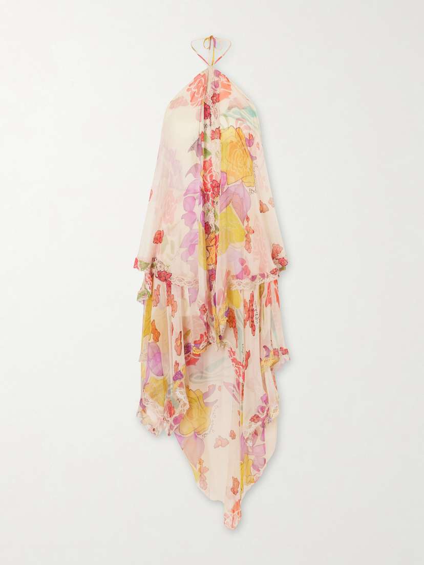 Donde Esteban Flores Ruffled Asymmetric Lace-trimmed Silk-chiffon Halterneck Maxi Dress