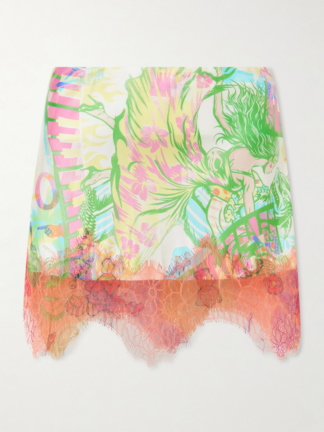 Donde Esteban Sonido Bestial Lace-trimmed Printed Satin Mini Skirt In Multi
