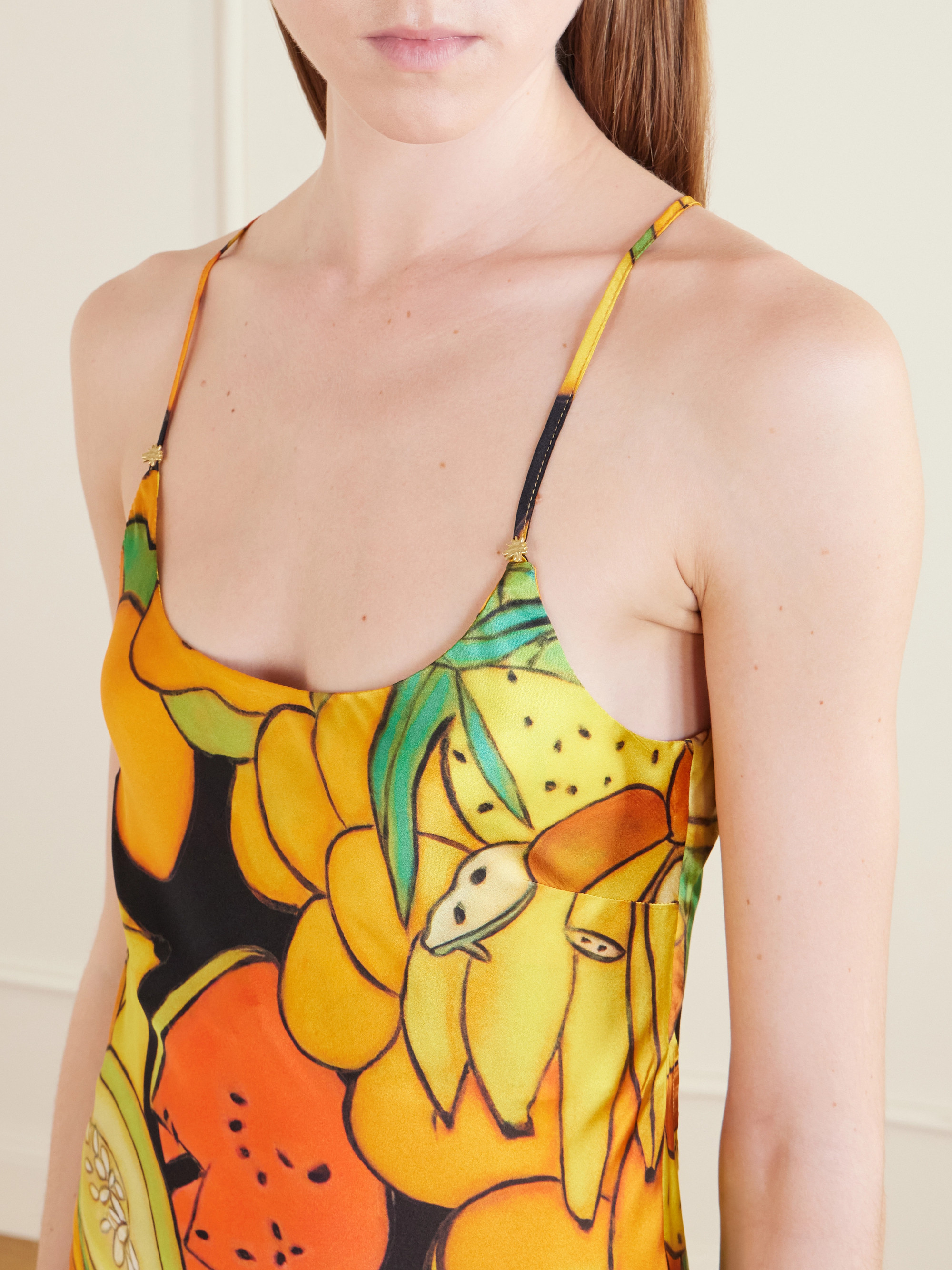 DONDE ESTEBAN Frutas printed silk-blend satin maxi dress