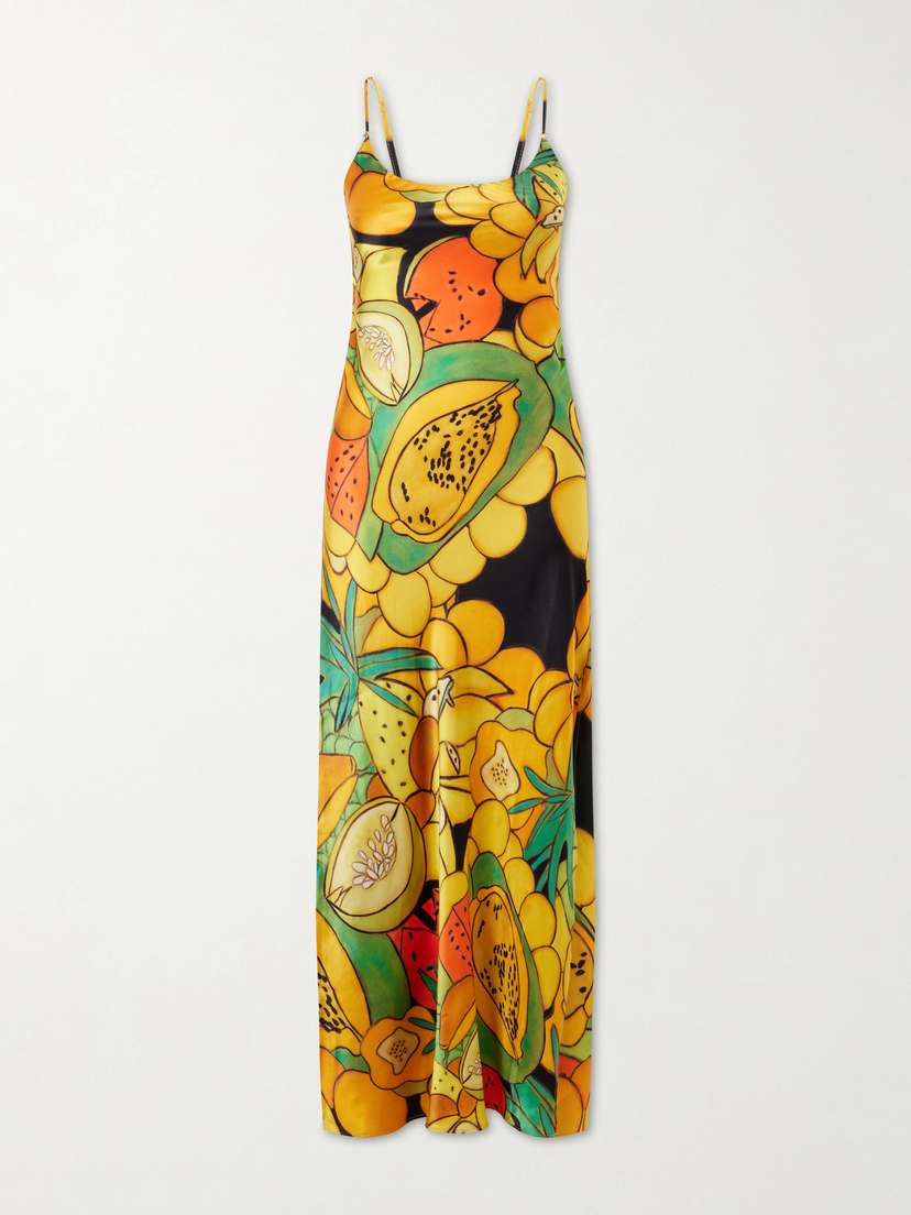 Donde Esteban Frutas Printed Silk-blend Satin Maxi Dress
