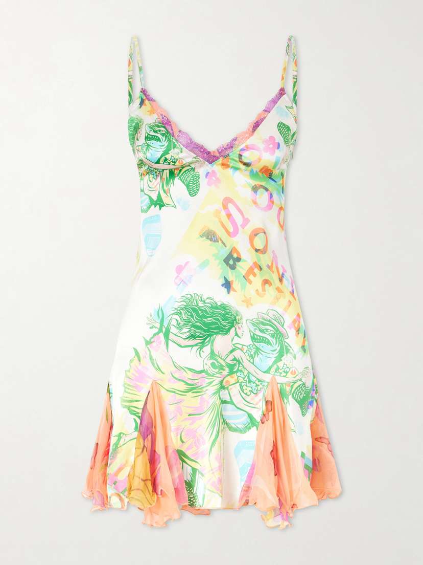 Donde Esteban Sonido Bestial Ruffled Lace-trimmed Printed Silk-blend Satin And Chiffon Mini Dress