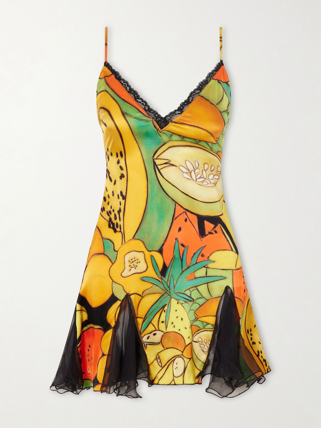 Frutas ruffled lace-trimmed printed silk-blend satin and chiffon mini dress