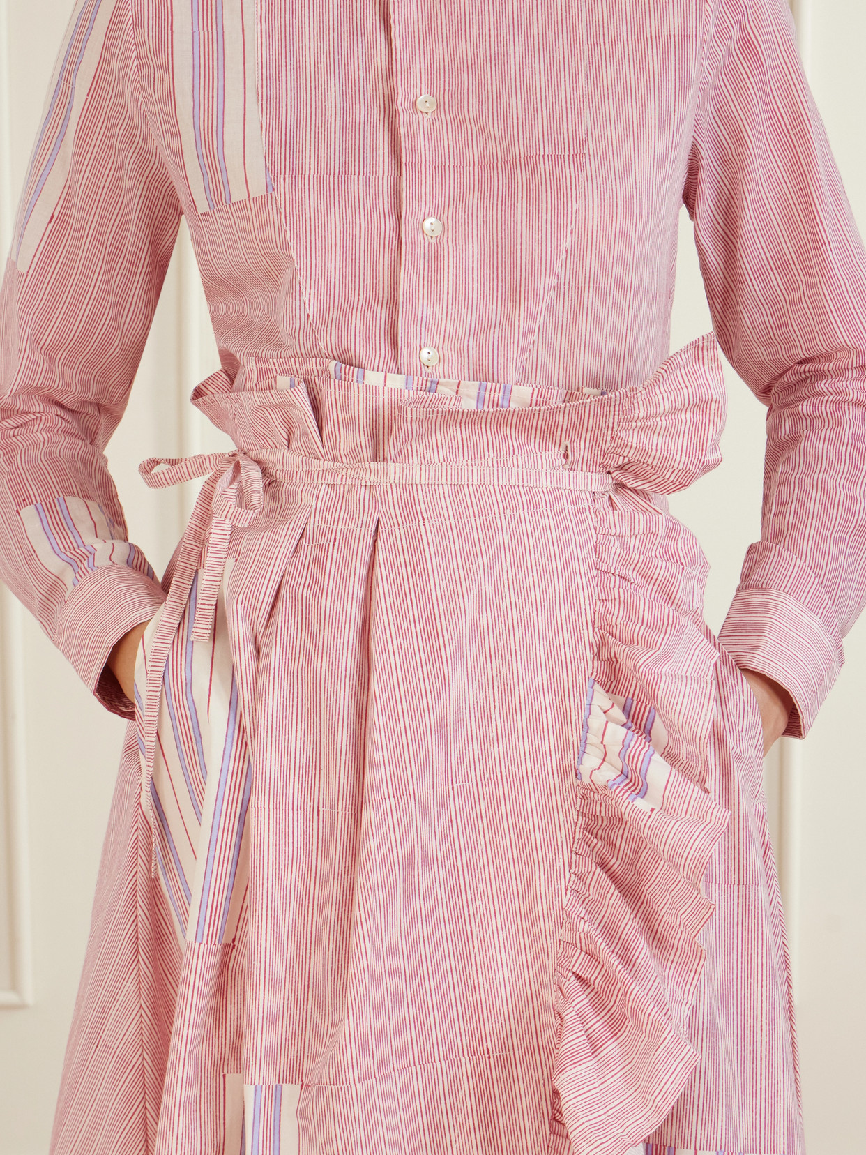 Tasha Ruffled Striped Cotton-Voile Wrap Midi
