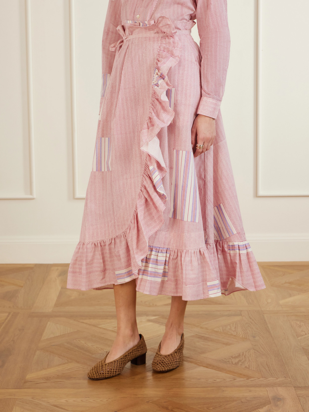 Tasha Ruffled Striped Cotton-Voile Wrap Midi