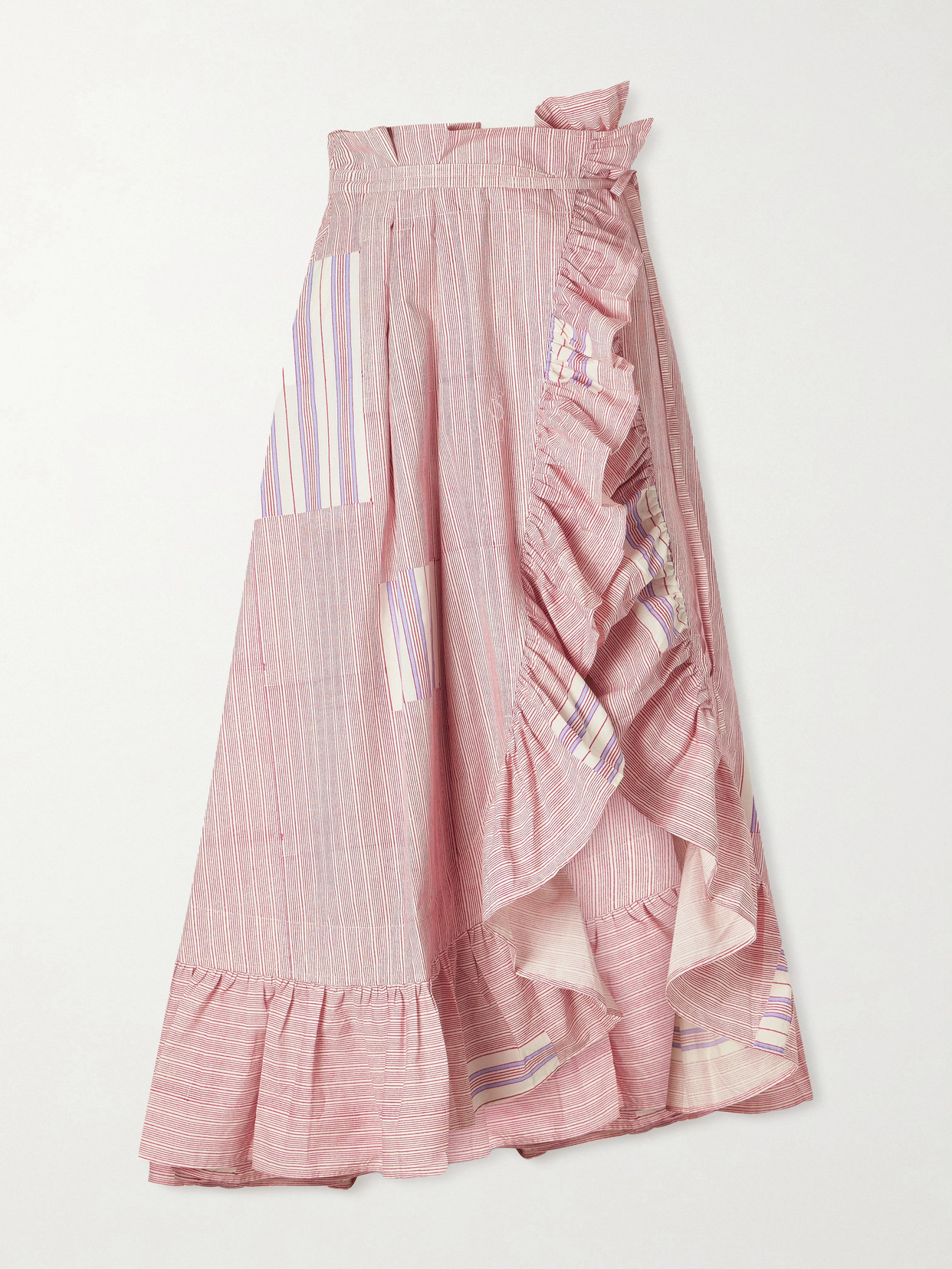 Thierry Colson Tasha Ruffled Striped Cotton-voile Wrap Midi Skirt In Pink