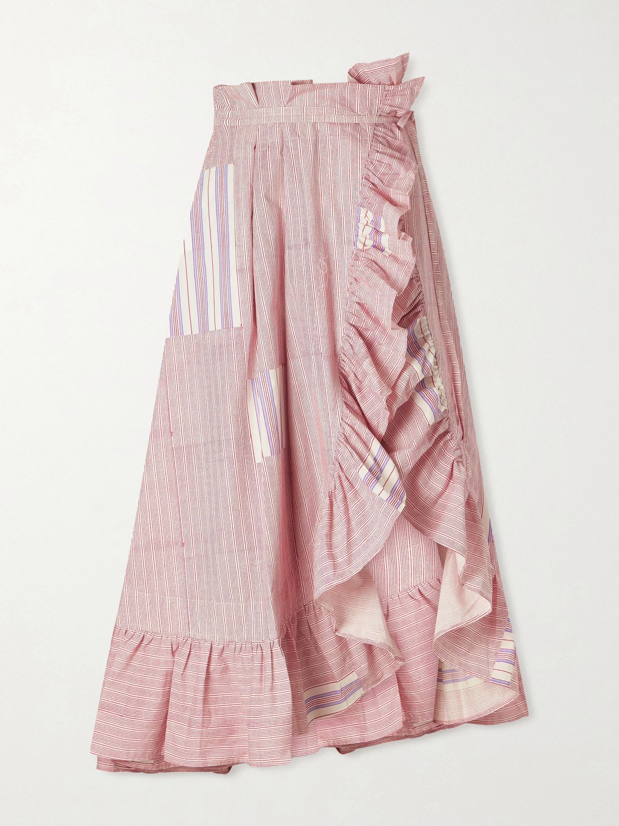 tasha ruffled striped cotton voile wrap midi skirt