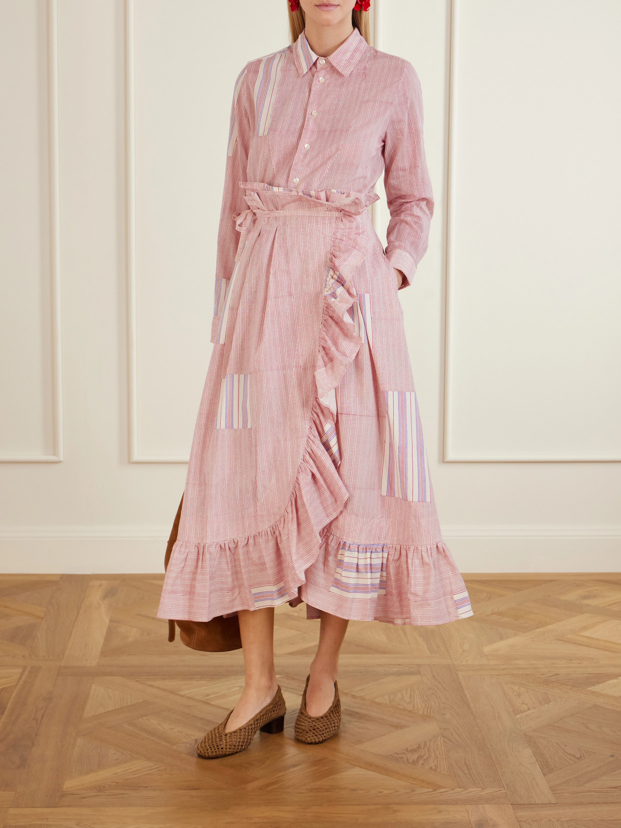 Tasha Ruffled Striped Cotton-Voile Wrap Midi