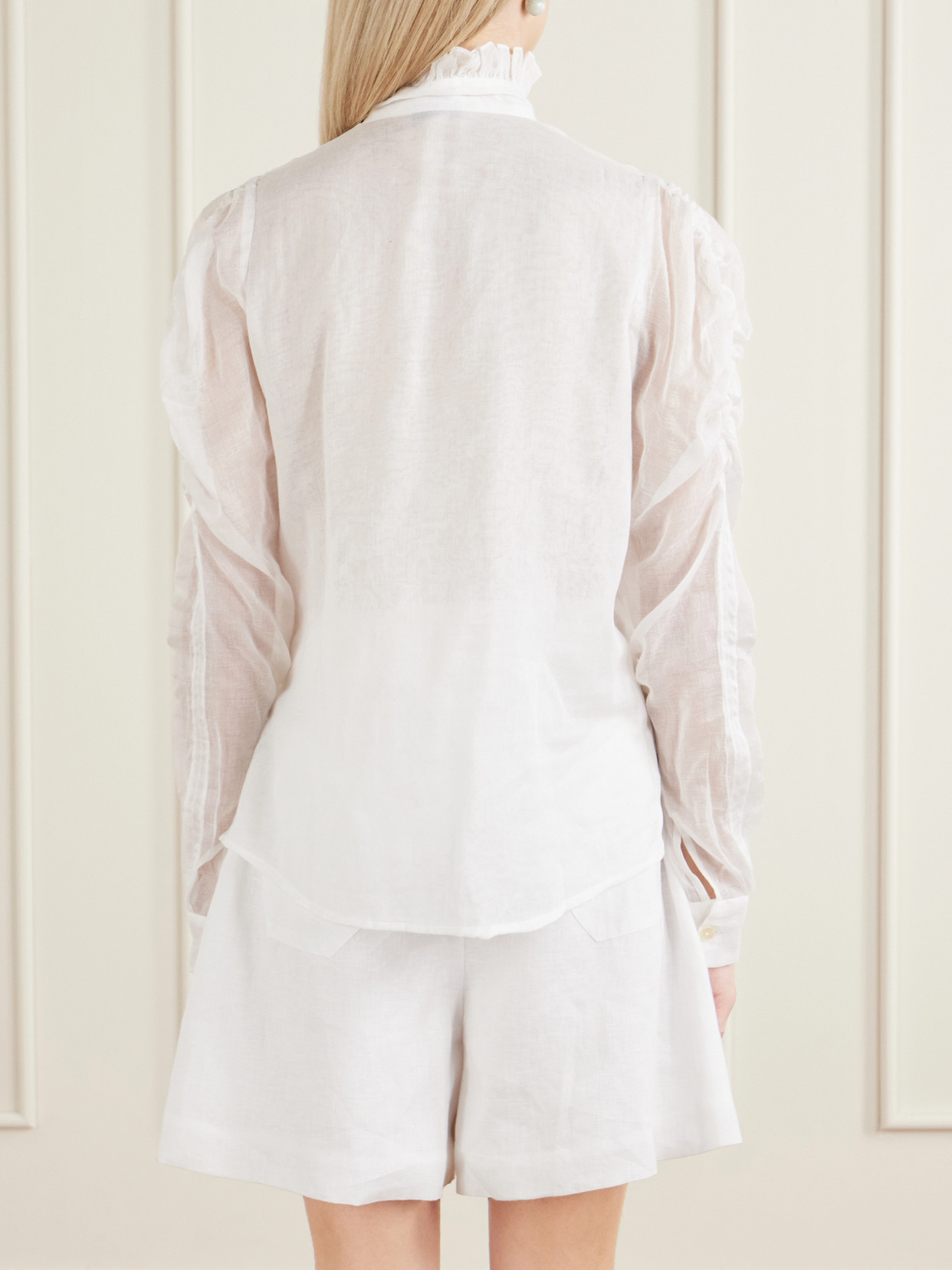 Wind Ruffled Ruched Cotton-Voile Blouse