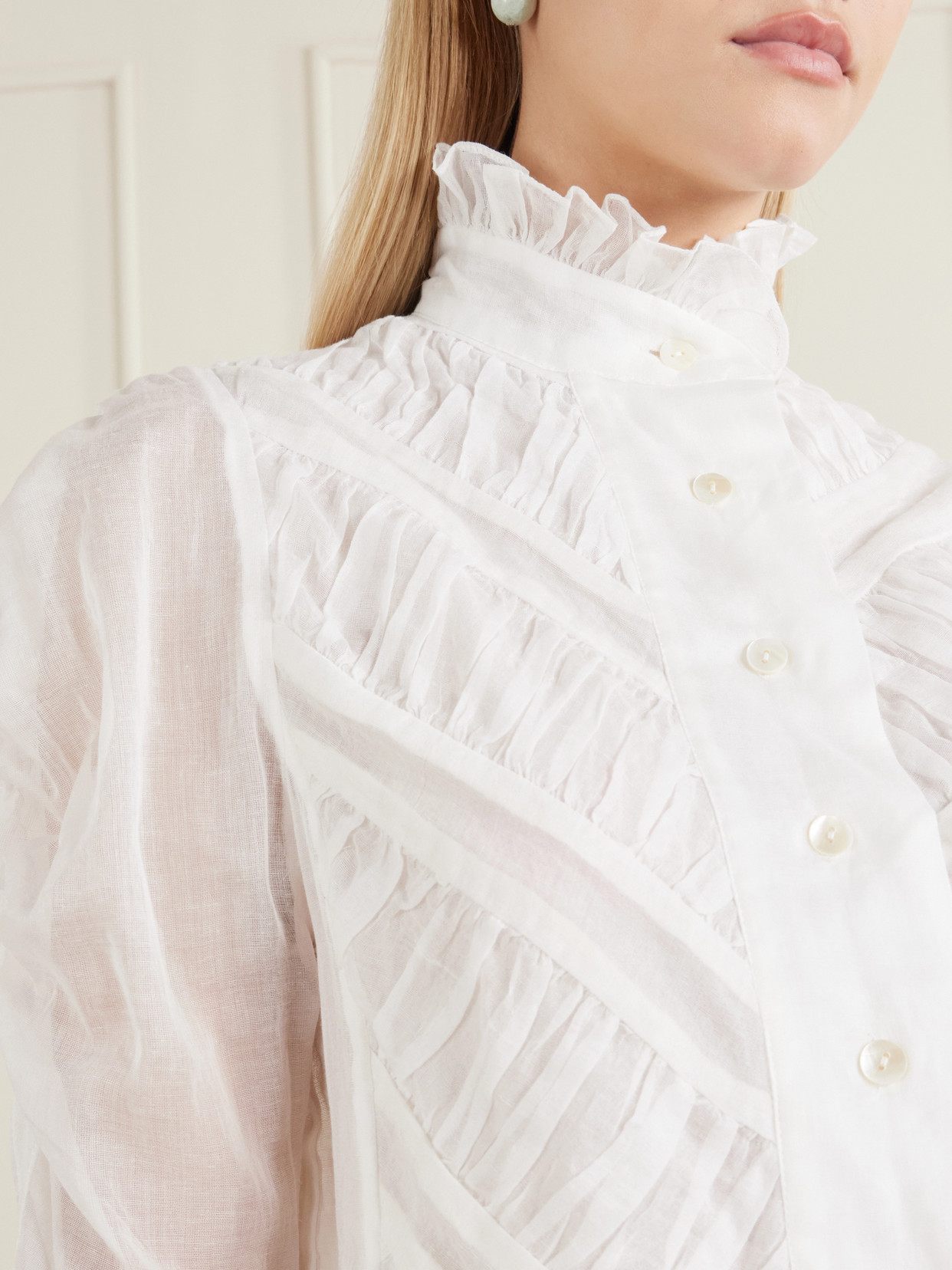 Wind Ruffled Ruched Cotton-Voile Blouse