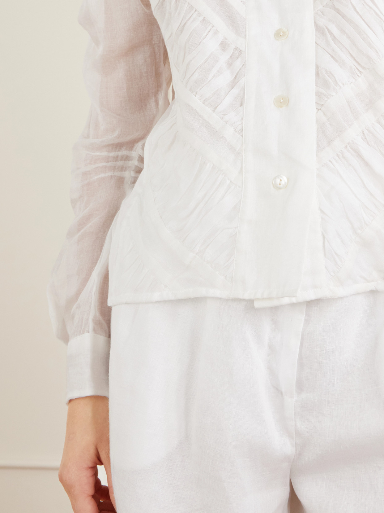 Wind Ruffled Ruched Cotton-Voile Blouse